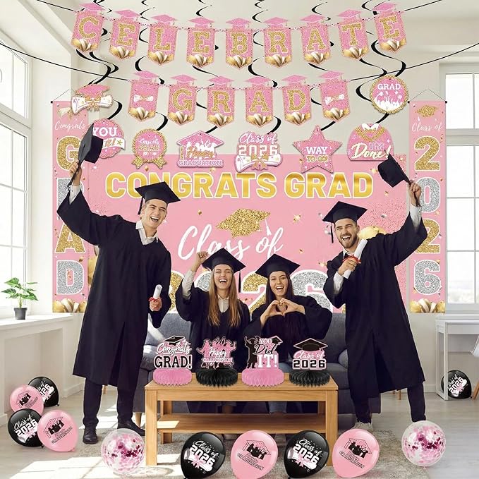 Pink 2026 Graduation Party Decor Kit-Includes Backdrop, Banner, Balloons, Hanging Ornaments & Honeycomb Decorations for Class of 2026 -Full Set for High School and University Graduation Events