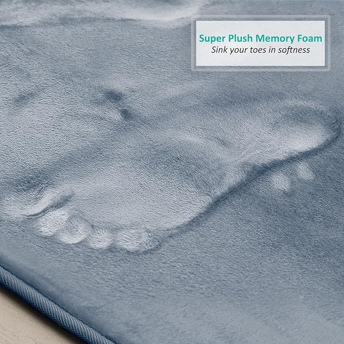Clara Clark 2 Piece Bathroom Rug Set - Memory Foam, Bath Mat Set, Plush, Cozy, Ultra Soft, Non Slip, Machine Washable, Quick Dry - 24” x 17”+ 32” x 20” - Stone Blue