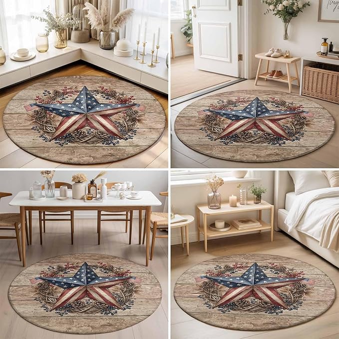 Washable Round Area Rug Independence Day USA Flag Star Circle Rugs Floor Carpet for Living Room Bedroom, Farm Wood Background Soft Non Slip Round Rug 5ft