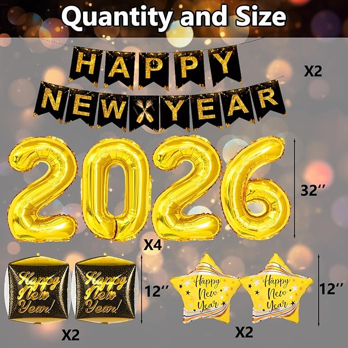 70Pcs 2026 Happy New Years Decorations Set, Black Gold New Years Eve Party Supplies 2026 with Banner 2026 Balloons Paper Glasses Photo Props Hanging Swirls for 2026 New Year Decorations