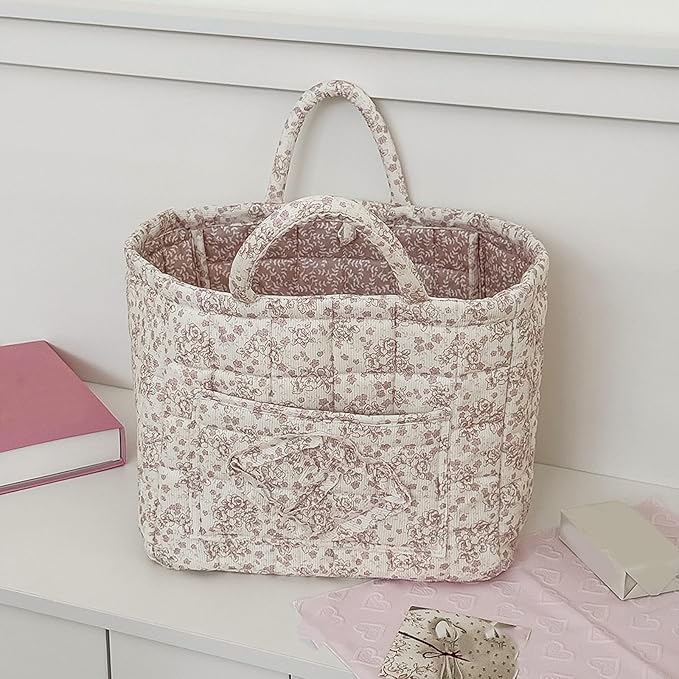 HiTotes Floral Storage Car Basket Diaper Caddy Organizer Quilted Laundry Basket Foldable Nursery Hamper Bag