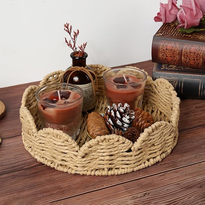 Scalloped Basket Set of 2 - Round Rattan Tray, Wicker Serving Tray, Round Woven Tray for Home Decor, Scallop Basket Table Trays for Decor, Water Hyacinth Woven Rattan Baskets for Organizing