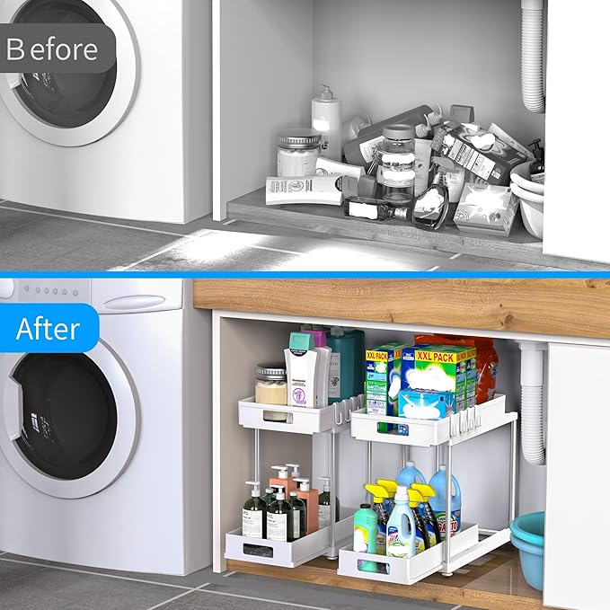 2 Pack Under Sink Organizer with Pull-Out Drawer, 2-Tier Cabinet Storage for Kitchen & Bathroom, Fits Cleaning Supplies & Toiletries, Space Saving for Small Cabinets, Double-layer Sliding White