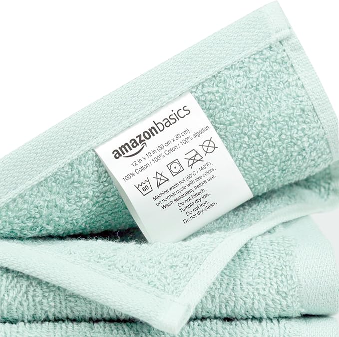 Amazon Basics Highly Absorbent 100% Cotton Washcloths for Bathroom, Fast Drying, Machine Washable, 12 x 12 inches, Ice Blue, 24-Pack