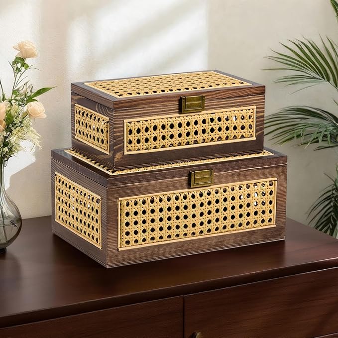 2PCS Rattan Storage Boxes Decorative Handmade Natural Wood Baskets with Lid Wooden Frame Boho Rustic Wicker Box Woven Cane Bins Shelf Closet Organizer Container (Walnut, 1 Large 1 Small)