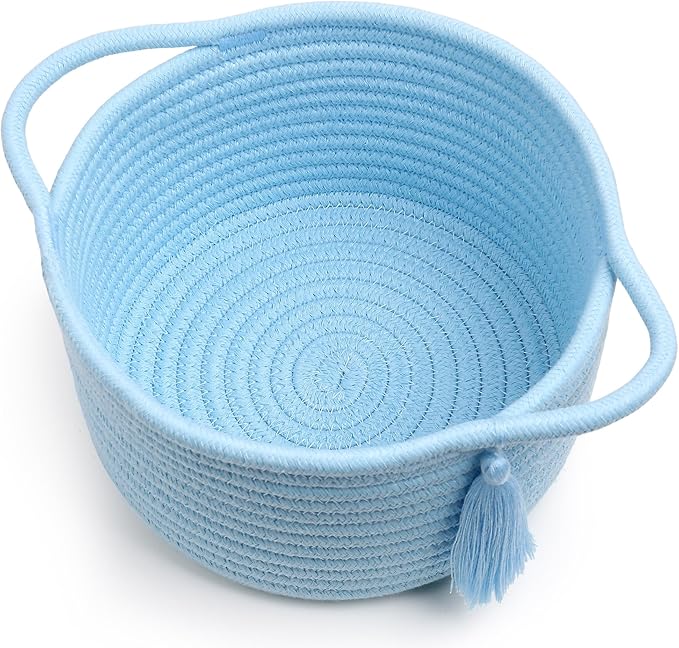 Small Gift Basket Empty – SweetMemo Small Woven Rope Baskets for Teen Girl Gifting, Baby Shower, Desk, Makeup, Bathroom, Vanity– Little Decorative Bin with Gift Bag & Ribbon – Light Blue