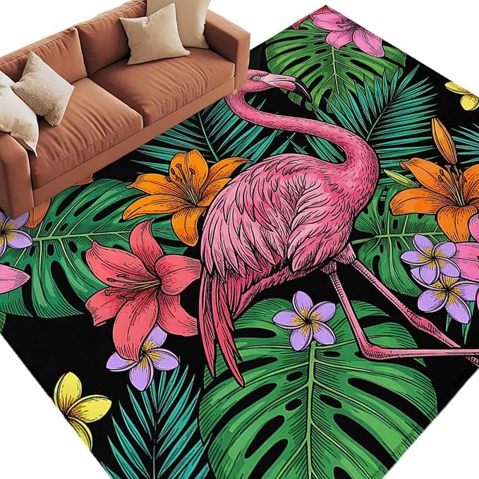 Area Rug 8x10ft, Pink Flamingos Tropical Leaf Washable Rugs for Living Room Bedroom, Colorful Lily Blossom Floral Soft Non-Slip Area Rugs Rectangle Floor Carpet for Dining Room