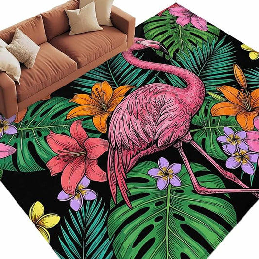 Area Rug 9x12ft, Pink Flamingos Tropical Leaf Washable Rugs for Living Room Bedroom Rectangle Floor Carpet, Colorful Lily Blossom Floral Soft Non-Slip Area Rugs for Dining Room