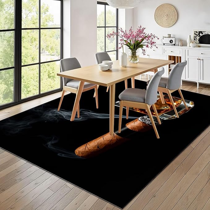 9x12 Area Rugs for Bedroom Boho Washable Man Cave Rug for Living Room Cigar Whiskey Ice Cubes Glass Black Soft Rubber Backed Non-Slip Large Carpets for Boys