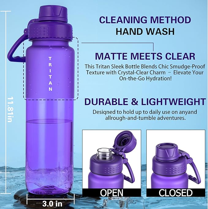 OLDLEY 32oz Frosted Clear Water Bottle, BPA-Free Tritan Plastic Reusable Water Bottle with Fast-Flow Spout Lid, Wide Mouth Leakproof Sports Drinking Bottle for Gym, School, Office, Travel,Purple