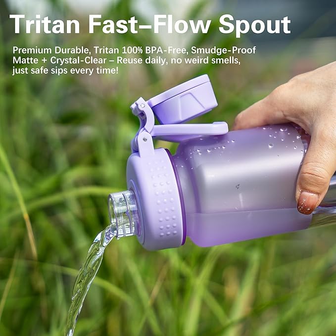 OLDLEY 32oz Frosted Clear Water Bottle, BPA-Free Tritan Plastic Reusable Water Bottle with Fast-Flow Spout Lid, Wide Mouth Leakproof Sports Drinking Bottle for Gym, School, Office, Travel,Purple