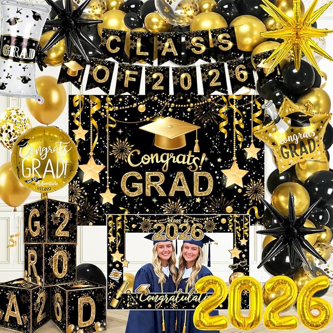 2026 Graduation Decorations Class of 2026 Black and Gold Congrats Grad Balloons,Banner,Backdrop,Photo Booth Props,Cards Boxes Kit for Graduation Party Decorations in Indoor or Outdoor (Graduation)