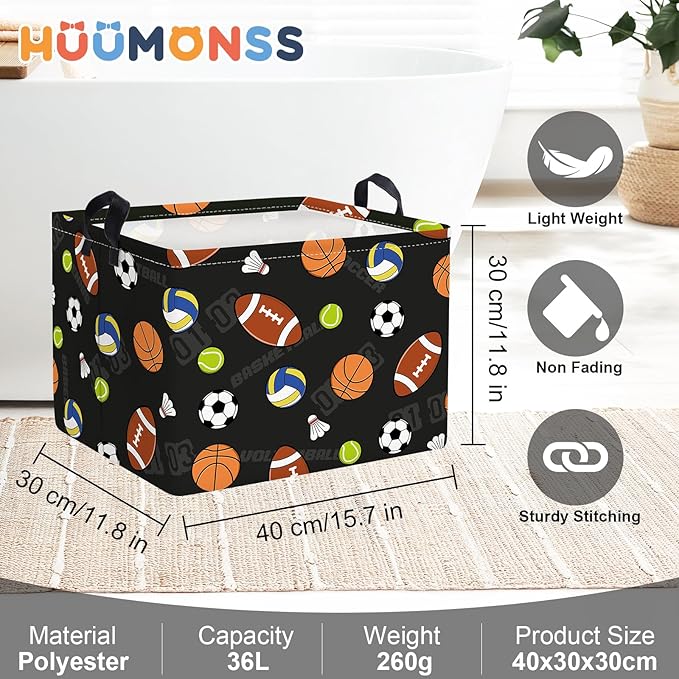 Sports Balls Baby Laundry Hamper Collapsible Clothes Kids Storage Basket Large Boys Gift Toy Box Bin for Play Room, Black, 36L