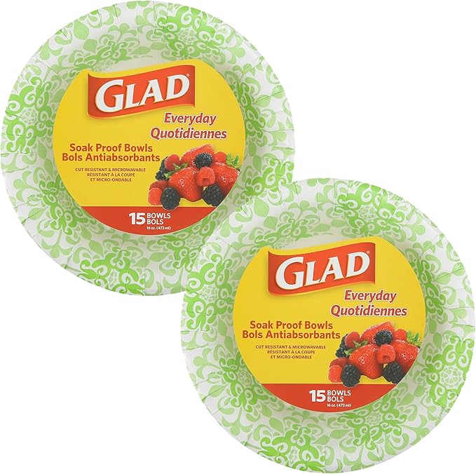 Glad Round Disposable Paper Bowls, Green Victorian Design - Heavy Duty, Soak-Proof, Cut-Resistant, Microwavable Paper Bowls for All Foods and Daily Use, 16 oz, 15 Count - 2 Pack