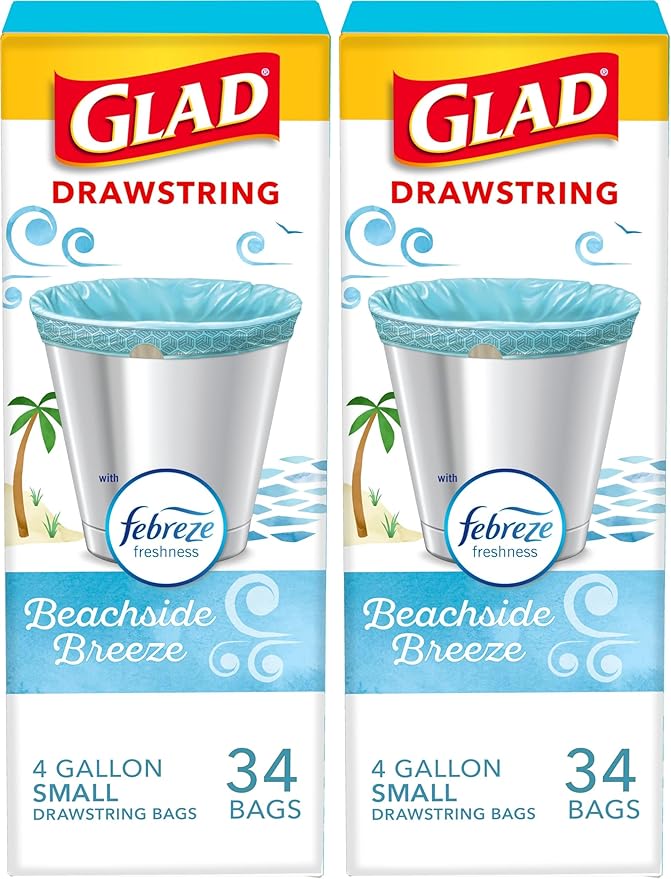 Glad Odorshield Small Drawstring Trash Bags, 4 Gal, Febreze Beachside Breeze, 34 Ct, Pack May Vary (Pack of 2)