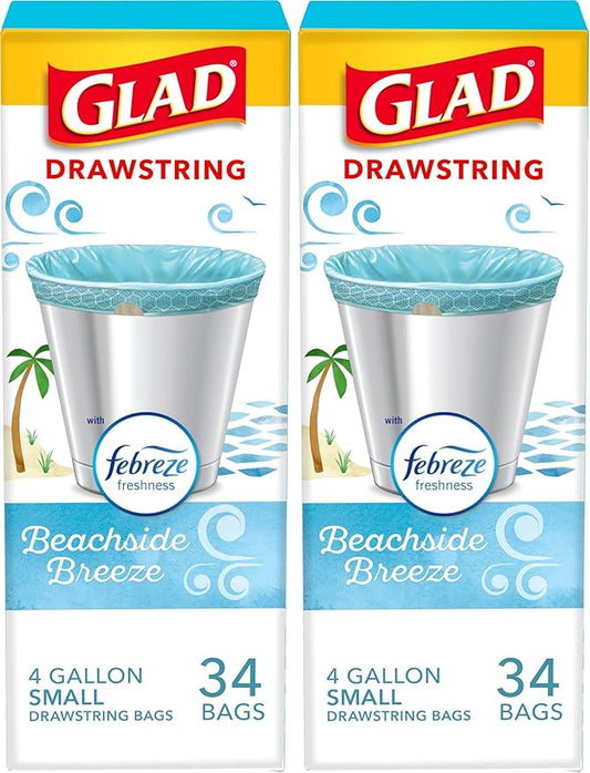 Glad Odorshield Small Drawstring Trash Bags, 4 Gal, Febreze Beachside Breeze, 34 Ct, Pack May Vary (Pack of 2)