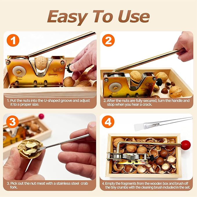 Heavy Duty Nut Cracker Tool, 6 Pcs NutCracker Tool Set for Pecans Walnuts Macadamia Hazelnuts Nut Crackers for All Nuts, 4 Picks & 1 Cleaning Brush, Wooden Base
