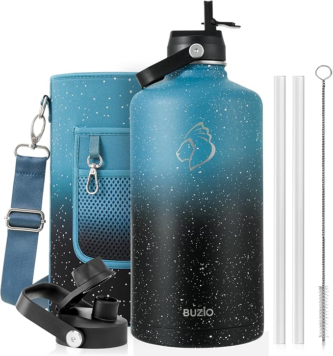 BUZIO 1 Gallon Water Jug with Straw Lid, 128oz Water Bottle Stainless Steel Triple Wall Hydro Jug 18/8 Food Grade Thermo Mug Keep Cold 48H & Hot 24H, Dappled Navy Black