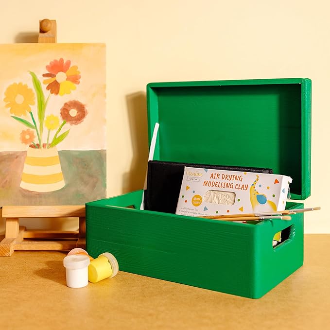 Creative Deco Large Green Wooden Box Storage with Hinged Lid | 11.8x7.87x5.51in (+-0.5) | Keepsake with Handles | Gift Box for Tool Dog Toy Shoes Kitchen Storage | Wood Keepsake Chest Trunk