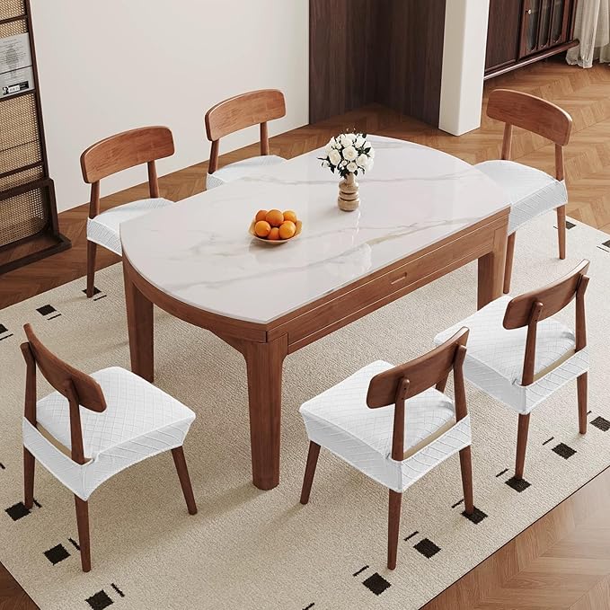 Genina Waterproof Seat Covers for Chairs,Set of 6 Dining Room Chair Seat Covers for Kitchen,Stretch Jacquard Removable Washable Dining Chair Slipcovers Protectors,No Rear Covers, White
