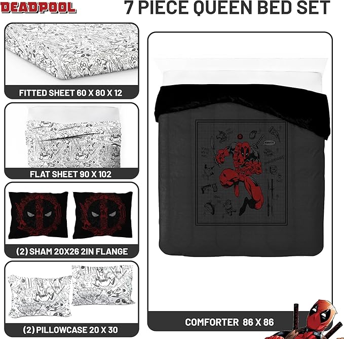 Jay Franco Marvel Deadpool Queen Size Comforter Set - 7 Piece Bedding Includes Sheet Set and Pillow Covers - Gray and Red Super Soft Cozy Bedding