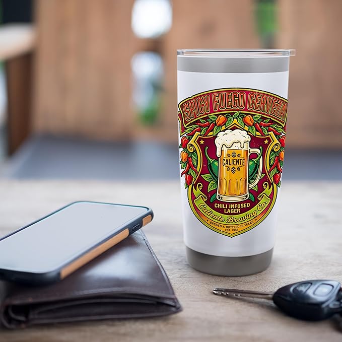 Spicy Fuego Cerveza Chili Texas Drinking Vintage Beer Label Stainless Steel Insulated Tumbler