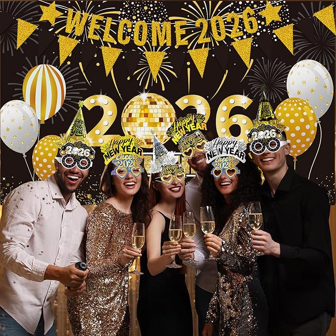 2026 New Year Eve Party Supplies for 24 Guests - New Years Decorations Black Gold, Large Happy New Year 2026 Banner , Glitter Cone Hats , Welcome Banner, Headwear, Eyeglasses and Party Blowers