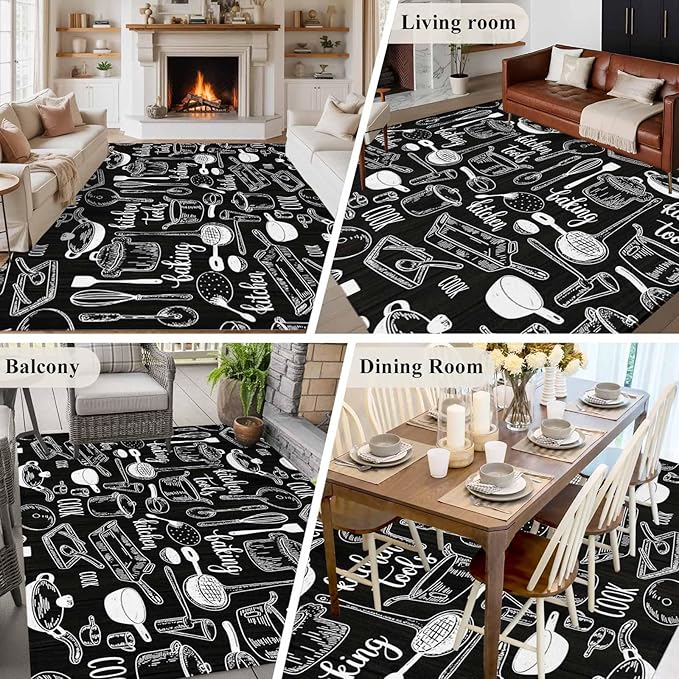 Black Kitchen Tools 5x7 Area Rugs, Modern Cooking Utensil Non-Skid Rubber Backing Large Rectangle Rugs - Living Room Bedroom Home Office, Farmhouse Cookware Indoor Floor Mat Carpets Washable Rug