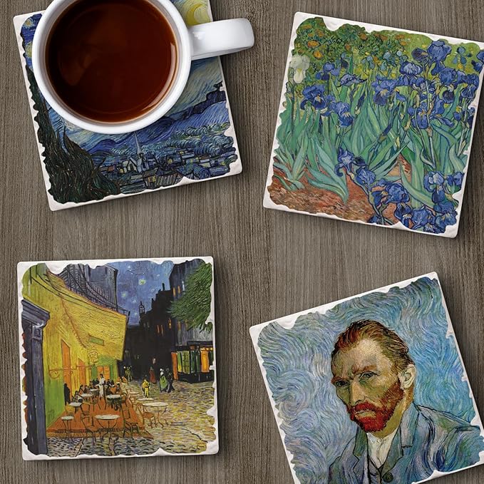 Thirstystone Van Gogh Classics 4 Pack Assorted Tumbled Tile Stone Coasters with Protective Cork Backing Manufactured in The USA Absorbent Easily Wipes Clean