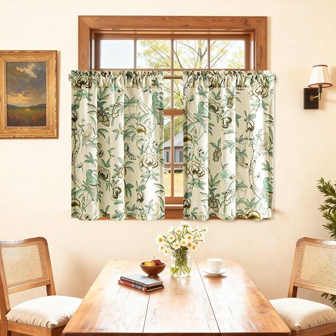 Leeva Rustic Farmhouse Cafe Curtains for Kitchen, Rod Pocket Small Window Curtains Over Sink, 30" x 30", Plants & Birds & Butterfly Print on Beige