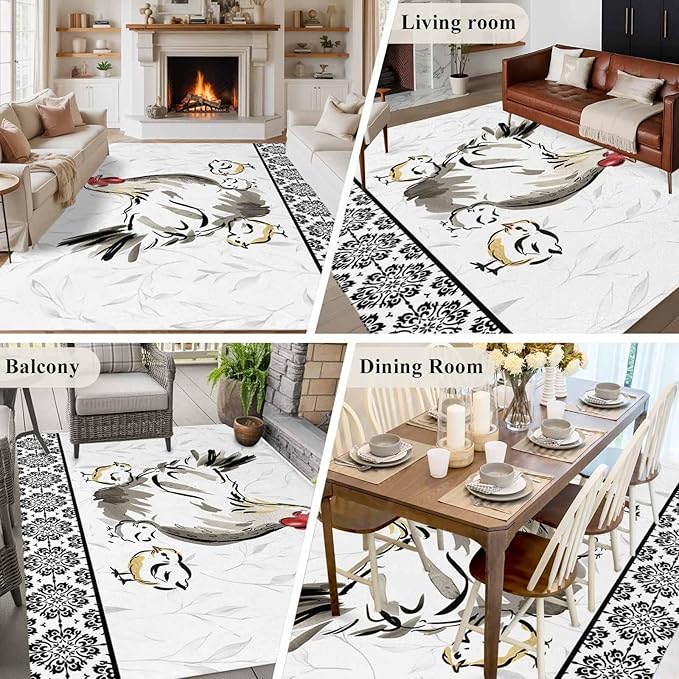 Area Rug 6x9ft, Country Farmhouse Rooster Washable Rugs for Living Room Bedroom, Watercolor Animal Flower Pattern Soft Non-Slip Area Rugs Rectangle Floor Carpet for Dining Room