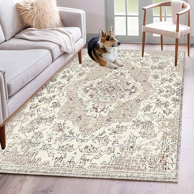 Beige Boho 2.7x5 Area Rugs, Vintage Ethnic Floral Non-Skid Rubber Backing Large Rectangle Rugs - Living Room Bedroom Home Office, Abstract Art Geometric Indoor Floor Mat Carpets Washable Rug