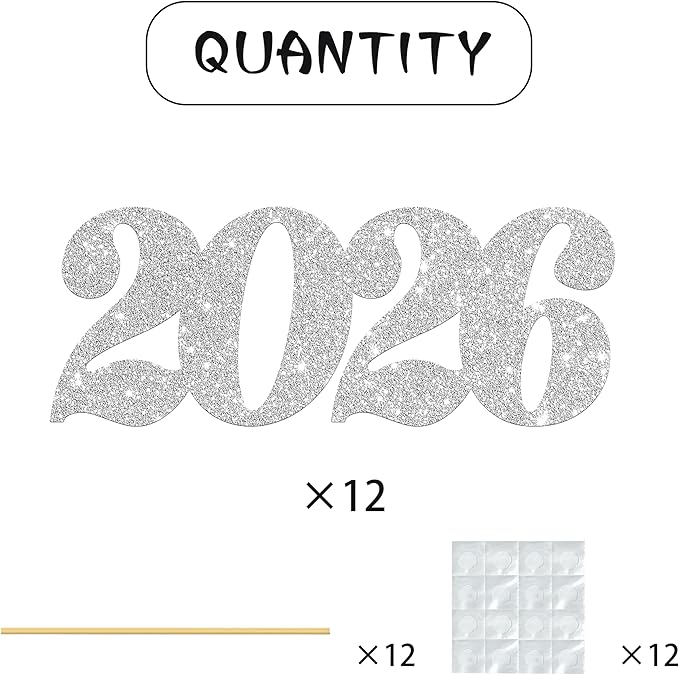 12pcs Silver 2026 Number Theme Centerpiece Sticks Glitter 2026 Graduation Centerpieces for Table New Year Eve Party Table Decorations for Hello 2026 Christmas Party Supplies