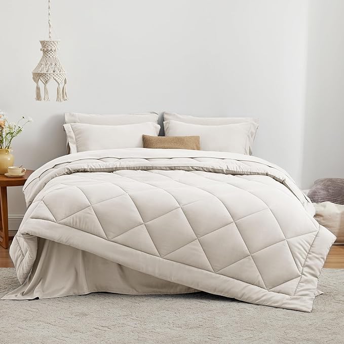 Love's cabin Twin XL Comforter Set Off White, 5 Pieces Twin XL Bed in a Bag, All Season Bedding Sets with 1 Comforter, 1 Flat Sheet, 1 Fitted Sheet, 1 Pillowcase and 1 Pillow Sham | Soft, Breathable, Lightweight, Comfortable