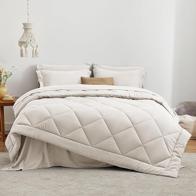 Love's cabin Queen Comforter Set Off White, 7 Pieces Queen Bed in a Bag, All Season Bedding Sets with 1 Comforter, 1 Flat Sheet, 1 Fitted Sheet, 2 Pillowcase and 2 Pillow Sham | Soft, Breathable, Lightweight, Comfortable
