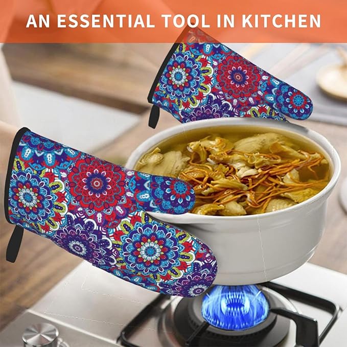 Boho Floral Oven Mitts of 2 Pack, Funny Kitchen Gloves Heat Resistant Non-Slip Kitchen Mitts for Cooking Baking Grilling