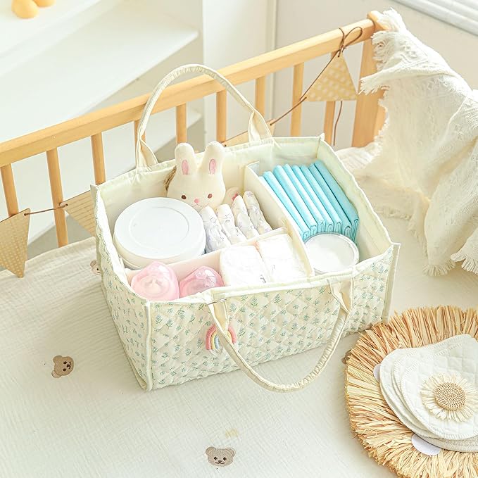 Quilted Fabric Storage Basket Floral Baby Diaper Caddy Quilted Basket for Nursery Bedroom Car Storage (L- Green)