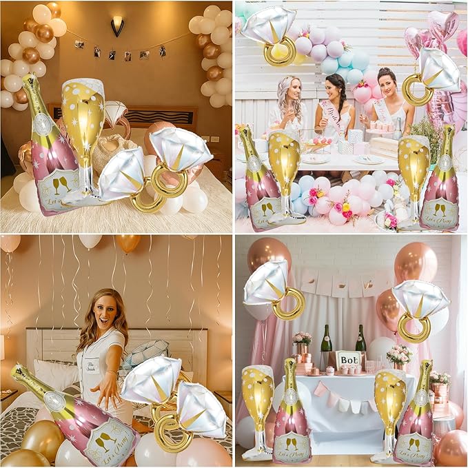 4 Pcs Bachelorette Balloons, Huge Rose Gold Champagne Bottle Diamond Ring Goblet Aluminum Foil Balloons for Bachelorette Party, Bridal Shower, Wedding, Engagement Party Decorations Supplies