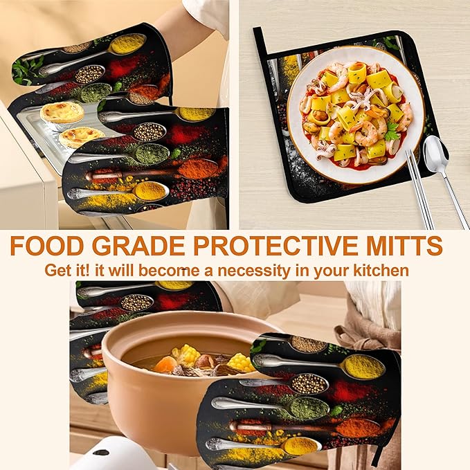 Oven Mitts and Hot Pads Set - Colorful Spoon Design, Heat Resistant Cute Pot Holders for Kitchen, Baking Gifts for Women
