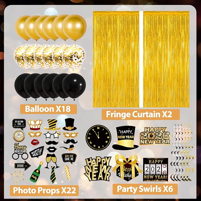 2026 New Years Decorations Set, New Years Eve Party Supplies 2026, "HAPPY NEW YEAR" Banner, "2025" Foil Balloon, Photo Props, Hats, Balloon Party Kit, Fringe Curtain
