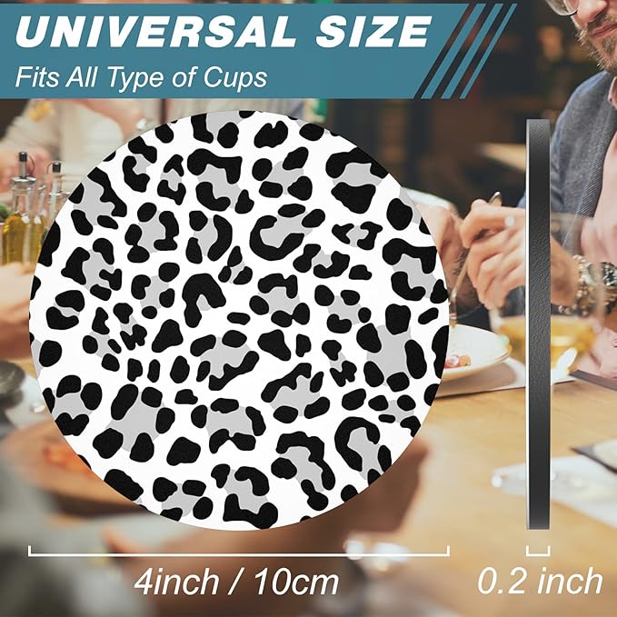 Nipichsha Coasters for Drinks, Set of 6 Cute Absorbent Rubber Drink Coasters for Cup with Non Slip Backing, Kitchen Home Decor Housewarming Gift, Round 4 in, White Leopard