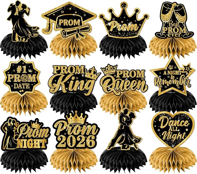Prom Decorations 2026 Honeycomb Centerppieces, 12Pcs Black and Gold Prom Centerpieces for Table Prom Night Table Decorations High School College Graduation Celebration Prom Party Favors