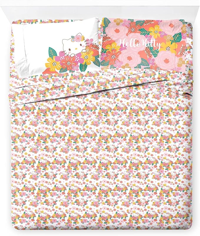 Jay Franco Sheet Set with Fitted, Flat Sheets & Pillow Cover - Ultra-Soft Bedding with Pillowcase for Room Decor, Multi - Hello Kitty, 4 Piece Full