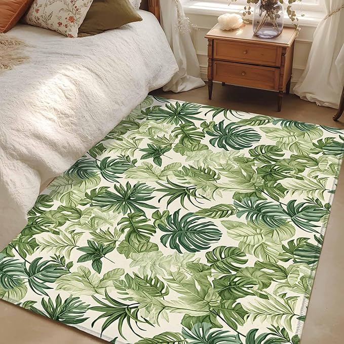 Area Rug 4x6ft, Green Palm Leaf Watercolor Washable Rugs for Living Room Bedroom, Summer Tropical Leaves Soft Non-Slip Area Rugs Rectangle Floor Carpet for Dining Room