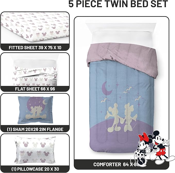 Disney Mickey Mouse & Minnie Mouse Twin Size Comforter Set - 5 Piece Bedding Includes Sheet Set & Pillow Covers - Super Soft Cozy Bedding