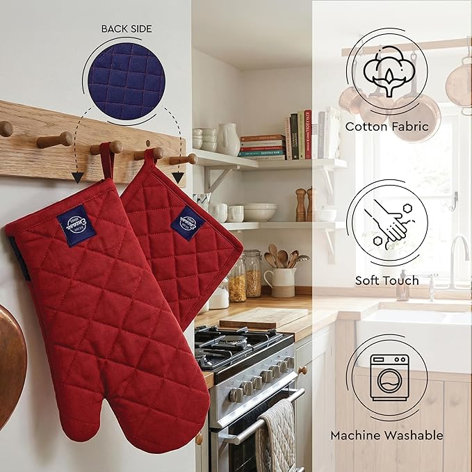 Encasa XO Heat Resistant 100% Cotton Oven Glove & Potholder Set with Loop, Kitchen Cooking Mittens, Microwave Safe Hot Pads (Red)
