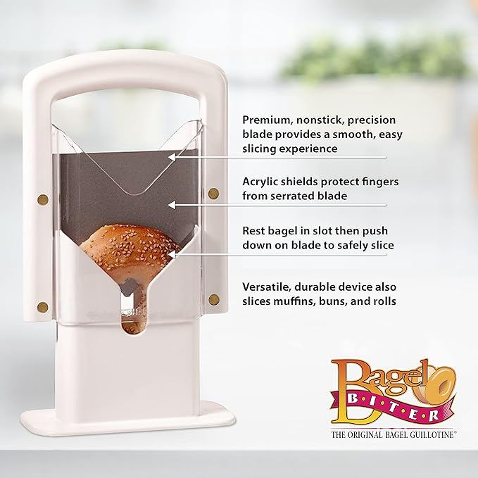 Hoan Bagel Biter Slicer and Cutter with Safety Shield - Serrated Blade Cuts Bagels, Muffins, Buns and Rolls - Dishwasher Safe Bagel Guillotine, 9.25 Inches Tall, White