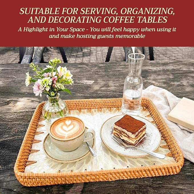 Rattan Tray Rectangle with Mother of Pearl – Unique Decorative Rattan Serving Tray for Food, Bread, Fruits, Snacks & Organizing Bathroom, Coffee Table – Christmas & Housewarming Gift (White 13.3"x9.4)
