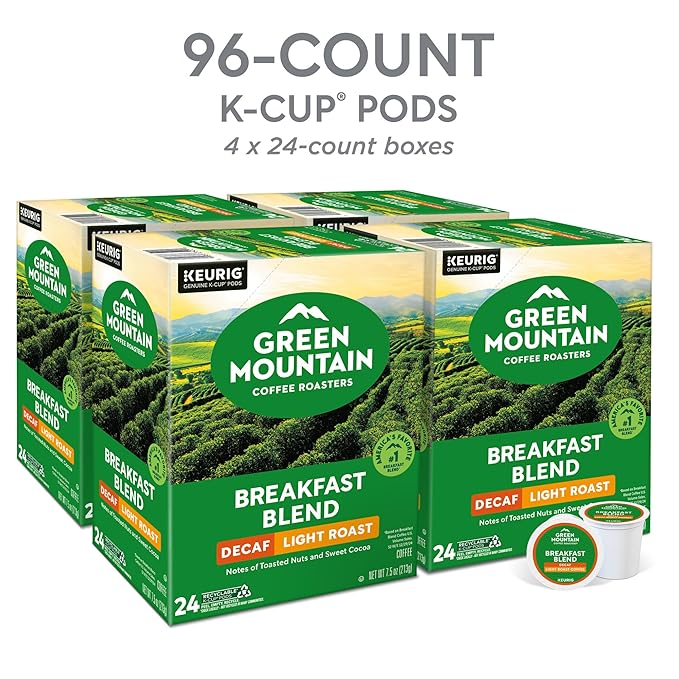 Green Mountain Coffee Breakfast Blend Decaf Keurig Single-Serve K-Cup pods, Light Roast Coffee, 96 Count