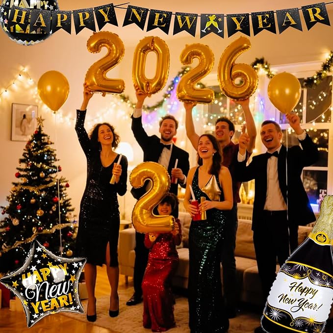 Happy New Year Decorations 2026, New Years Eve Party Supplies 2026, New Years Decoration Set with 2026 Number Balloons, Happy New Year Banner, Champagne Curtains Backdrop for NYE Party Decorations